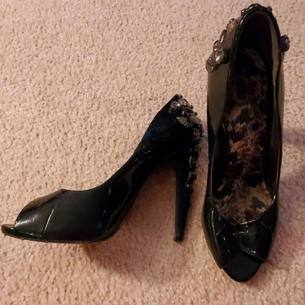 Black embellished peep toe heel